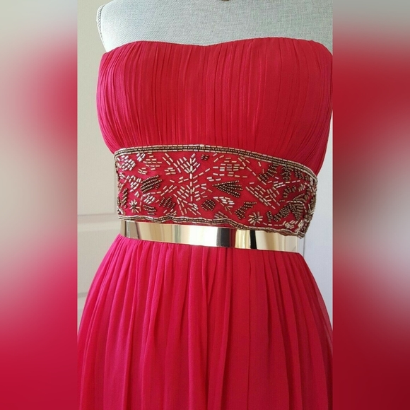 SALE🔖$395 NEW AIDAN MATTOX RUBIN RED SILK GOLD BEAD CHIFFON GOWN RUNWAY 6 M - Picture 3 of 8